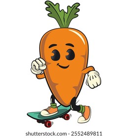 cute cartoon carrot character with cheerful face and leaf playing skateboarding, happy orange carrot mascot friendly expression, cartoon food, work of hand drawn