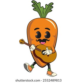 cute cartoon carrot character cheerful face and leaf with moustache playing guitar, happy orange carrot mascot friendly expression, cartoon food, work of hand drawn