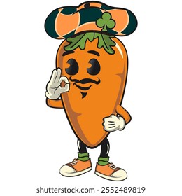 cute cartoon carrot character with cheerful face and leaf wearing a unique hat with a clover leaf symbol, happy orange carrot mascot friendly expression, cartoon food, work of hand drawn