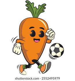 bonitinho personagem de cenoura de desenho animado com rosto alegre e folha jogando futebol ou futebol, feliz laranja cenoura mascote expressão amigável, comida de desenho animado, trabalho de mão desenhada