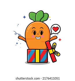 Cute cartoon carrot character coming out from big gift box look so happy