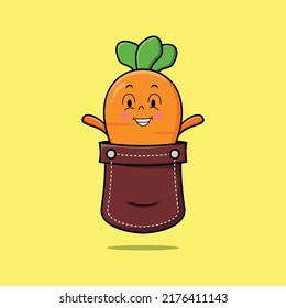 Cute cartoon carrot character coming out from pocket look so happy in concept flat cartoon style