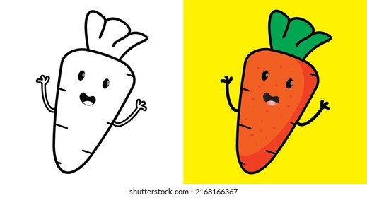 Cute cartoon carrot character with hands isolated in white and yellow color. Suitable for kids coloring book. 