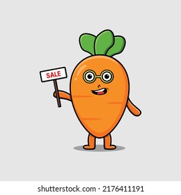Cute cartoon carrot character holding sale sign designs in concept flat cartoon style