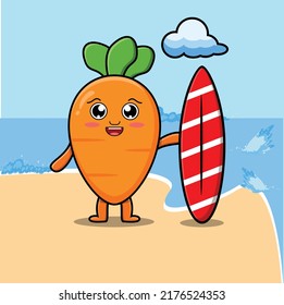 Cute cartoon carrot character playing surfing with surfing board in flat cartoon style illustration