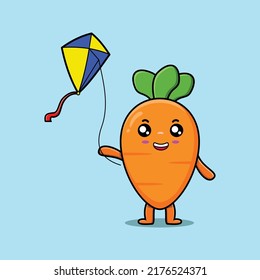 Cute cartoon carrot character playing kite flaying cartoon icon vector illustration