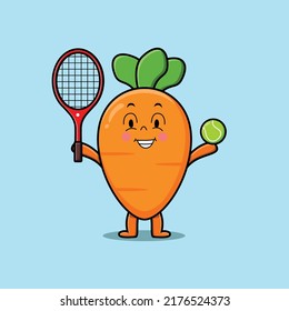 Cute cartoon carrot character playing tennis field in flat cartoon style illustration