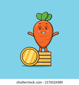 Cute cartoon carrot character standing in stacked gold coin vector illustration