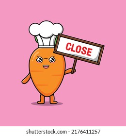 Cute cartoon carrot chef character holding close sign board designs in concept flat cartoon style