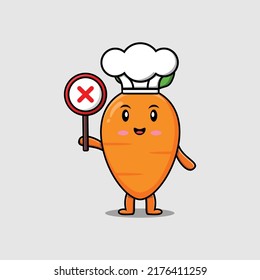 cute cartoon carrot chef holding wrong sign board in vector character illustration