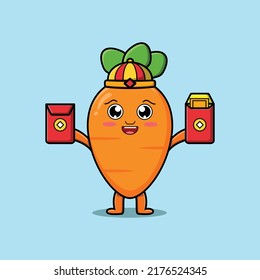 Cute cartoon carrot chinese character holding red packets in vector icon illustration