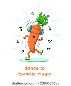 Cute cartoon carrot dancing to his favorite music. Funny character hand drawing.