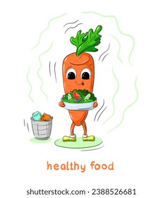 Cute cartoon carrot holding a bowl of salad. Funny character hand drawing.