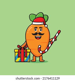 cute cartoon carrot santa clause character is bringing candy cane and boxes christmas illustration