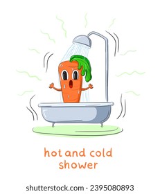 Cute cartoon carrot takes a shower. Funny character hand drawing.
