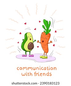 Cute cartoon carrot talking nicely with his friend avocado. Funny characters hand drawing.