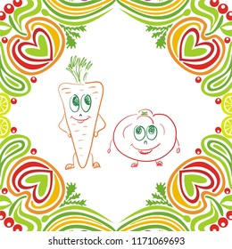 Cute cartoon carrot and tomato. Vector illustration