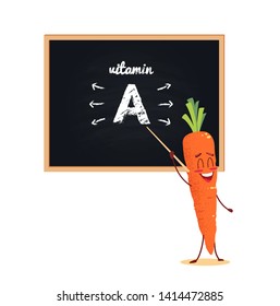 Cute cartoon carrot vegetable talking about vitamin A in front of blackboard. Vector illustration