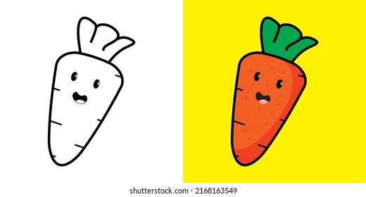 Cute cartoon carrots character isolated in white and yellow color. Suitable for kids coloring book. 
