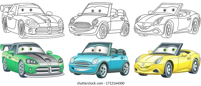 Cute cartoon cars. Coloring and colorful clipart characters. Childish designs for t shirt print, icon, logo, label, patch or sticker. Vector illustration.