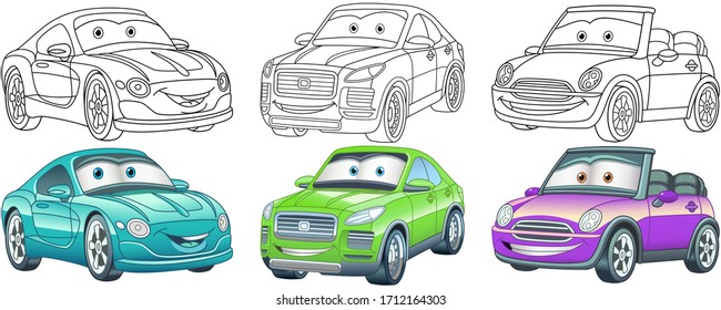 Cute cartoon cars. Coloring and colorful clipart characters. Childish designs for t shirt print, icon, logo, label, patch or sticker. Vector illustration.