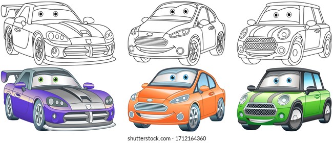 Cute cartoon cars. Coloring and colorful clipart characters. Childish designs for t shirt print, icon, logo, label, patch or sticker. Vector illustration.