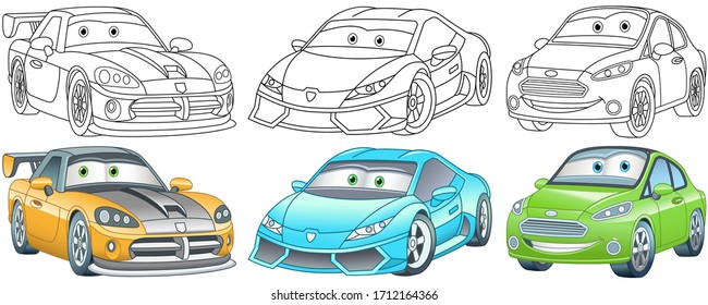 Cute cartoon cars. Coloring and colorful clipart characters. Childish designs for t shirt print, icon, logo, label, patch or sticker. Vector illustration.