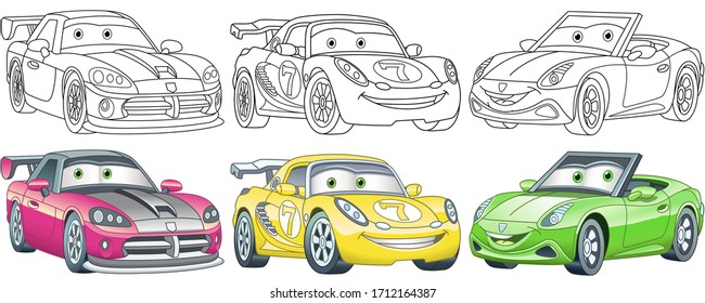 Cute cartoon cars. Coloring and colorful clipart characters. Childish designs for t shirt print, icon, logo, label, patch or sticker. Vector illustration.