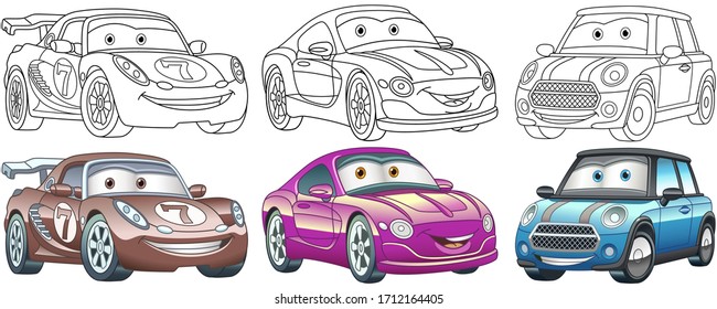 Cute cartoon cars. Coloring and colorful clipart characters. Childish designs for t shirt print, icon, logo, label, patch or sticker. Vector illustration.