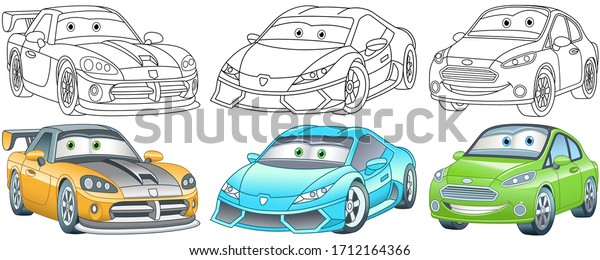 Cute cartoon cars. Coloring and\
colorful clipart characters. Childish designs for t shirt print,\
icon, logo, label, patch or sticker. Vector\
illustration.