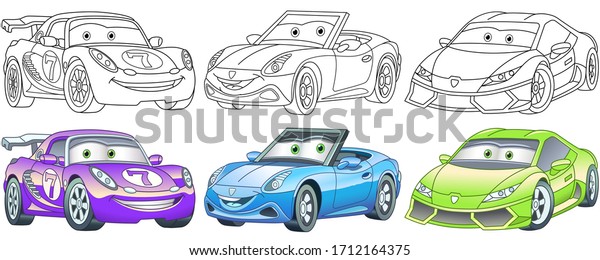 Cute cartoon cars. Coloring and
colorful clipart characters. Childish designs for t shirt print,
icon, logo, label, patch or sticker. Vector
illustration.
