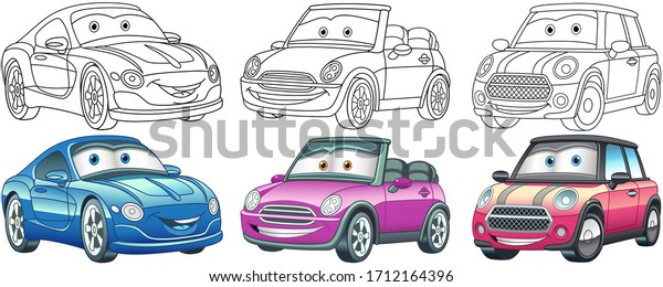 Cute cartoon cars. Coloring and\
colorful clipart characters. Childish designs for t shirt print,\
icon, logo, label, patch or sticker. Vector\
illustration.