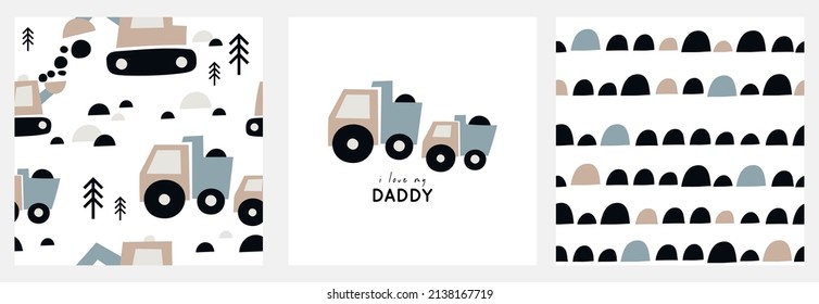 Cute cartoon cars Daddy and baby. Vector print with truck, tractor, excavator. Happy father's day seamless pattern