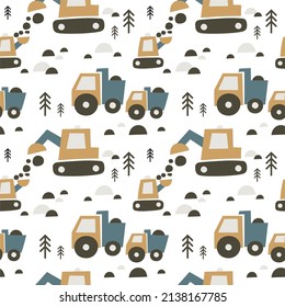 Cute Cartoon Cars Daddy And Baby. Vector Print With Truck, Tractor, Excavator. Happy Father's Day Seamless Pattern