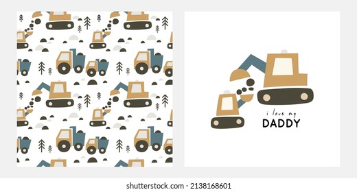 Cute Cartoon Cars Daddy And Baby. Vector Print With Truck, Tractor, Excavator. Happy Father's Day Seamless Pattern