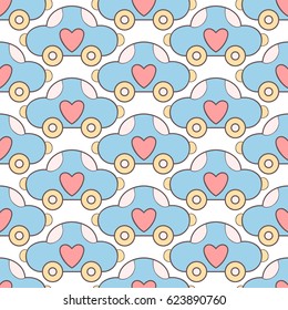 Cute cartoon cars seamless pattern with hearts. 