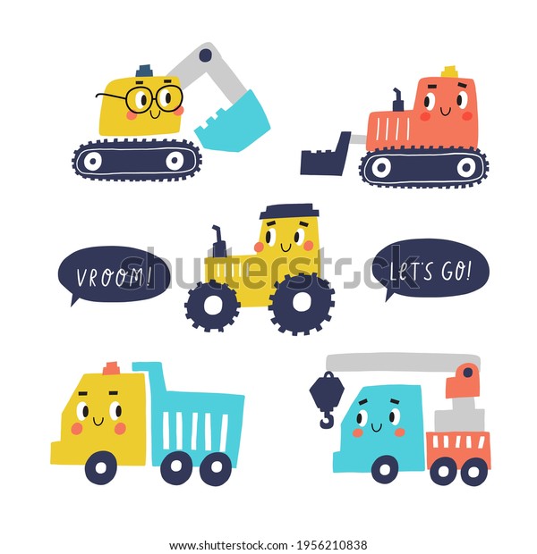 Cute cartoon cars - Truck, tractor, cargo crane,\
bulldozer, excavator. Vector print with cute cars for fabric,\
textile and wallpaper design.\
