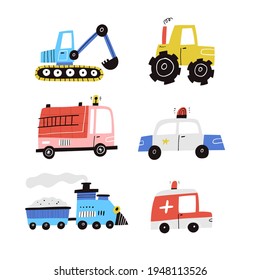 Cute cartoon cars vector collection isolated on white. Hand drawn flat vehicle set. Excavator, police auto, ambulance, tractor, fire truck and locomotive. Scandinavian style various transports clipart