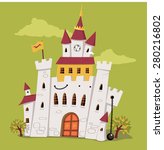 Cute cartoon castle with a clock tower, vector illustration, no transparencies, EPS 8