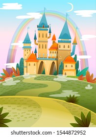 Cute cartoon castle. FairyTale cartoon castle. Fantasy fairy tale palace with rainbow. Vector illustration svg