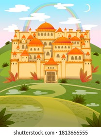 Cute Cartoon Castle. FairyTale Cartoon Castle. Fantasy Fairy Tale Palace With Rainbow. Vector