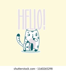 Cute Cartoon Cat Astronaut. Hand Vector illustration. Friendly Postcard. Sticker Hello