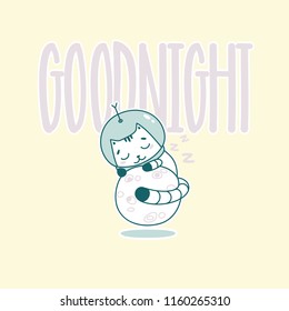 Cute Cartoon Cat Astronaut. Hand Vector illustration. Friendly Postcard. Sticker Good night