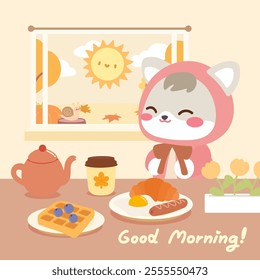 Cute cartoon cat with autumn breakfast and cozy morning vibes. A heartwarming illustration of a cute cartoon cat in a pink hoodie and enjoying a delicious autumn breakfast.