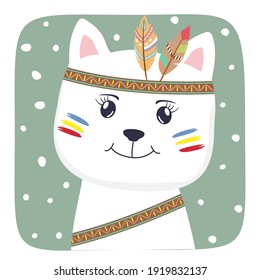 Cute Cartoon cat baby with american indian feathers.