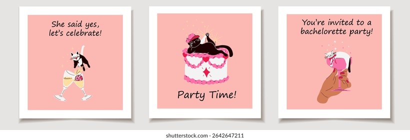 Cute Cartoon Cat Bachelorette Party Invitations.  Festive and Fun
