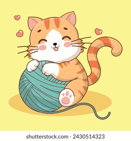 Lindo gato de dibujos animados con una bola de hilo.