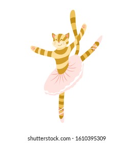 Cute cartoon cat ballet dancer. Funny animal character in tutu skirt and pointes. Flat vector illustration.