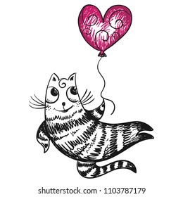 Cute cartoon cat with balloon heart. Sketch. Vector illustration