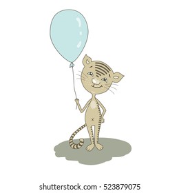 Cute cartoon cat with balloon. Vector illustration of emotion isolated on white background.